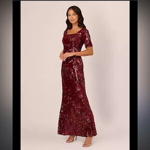 NWT Adrianna Papell Garnet Embellished Sequin Beaded Maxi Gown 12